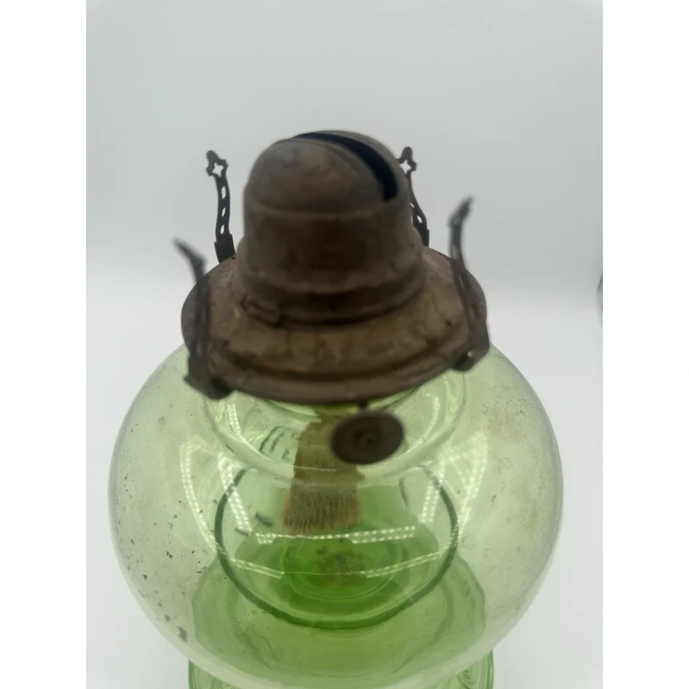 Antique Uranium Glass Depression Glass Oil Lamp W/Wedding Scroll Pattern 20